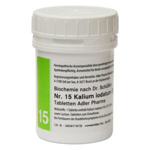 Weißer Kunststoffbehälter mit Schraubverschluss für homöopathische Tabletten, beschriftet mit 'Kalium iodatum Nr. 15'.