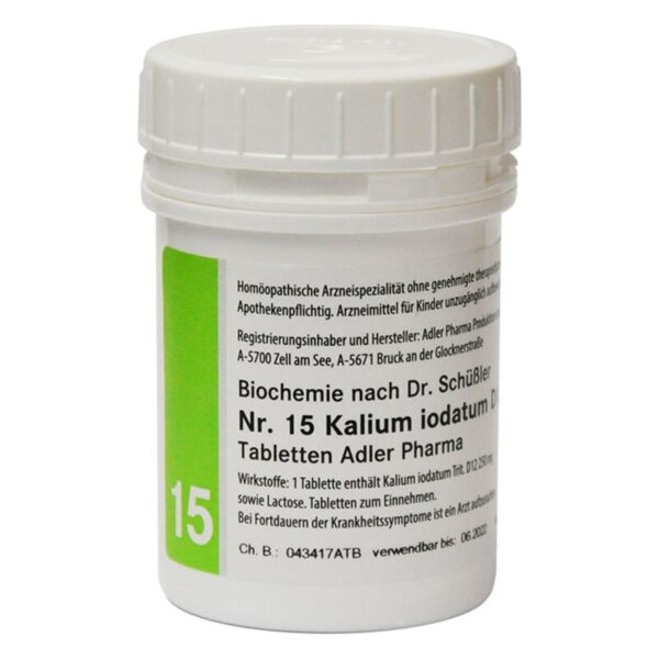 Weißer Kunststoffbehälter mit Schraubverschluss für homöopathische Tabletten, beschriftet mit 'Kalium iodatum Nr. 15'.