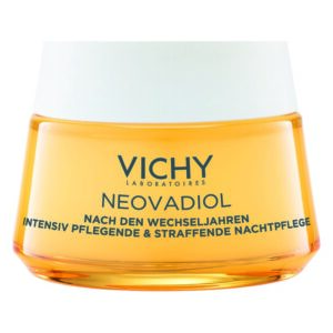 Glas-krug mit gelber Creme, beschriftet als Vichy Neovadiol, für intensive Nachtpflege nach den Wechseljahren.