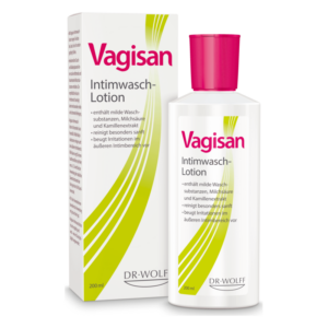 Vagisan Intimwaschlotion in einer transparenten Flasche mit pinkem Deckel, neben der externen Verpackung.