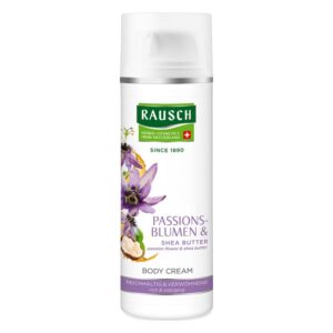 Flasche mit Körpercreme von Rausch, mit Passionsblumen und Sheabutter, in weißer Verpackung mit lila Blumenabbildung.