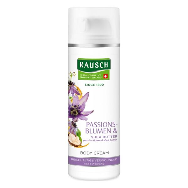 Flasche mit Körpercreme von Rausch, mit Passionsblumen und Sheabutter, in weißer Verpackung mit lila Blumenabbildung.