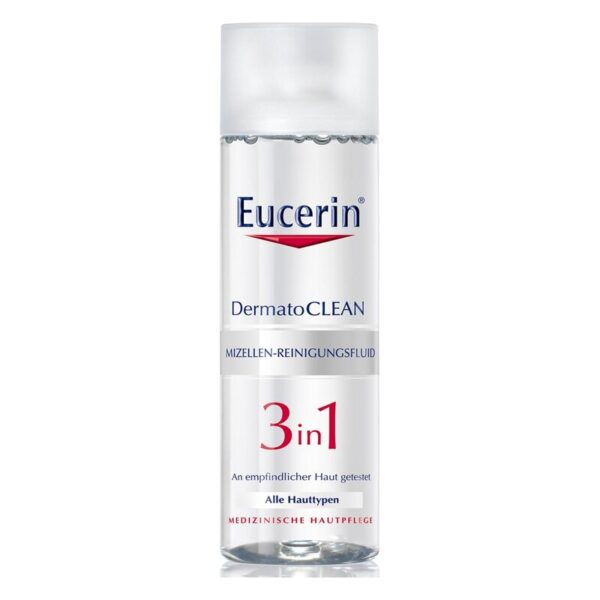 Eucerin DermatoCLEAN Mizellen-Reinigungsfluid in transparenter Flasche mit weißem Deckel, für empfindliche Haut geeignet.