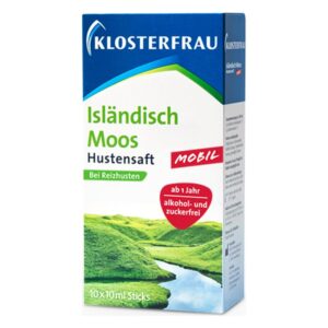 Verpackung von Inseln. Moos Hustensaft in einer Kartonverpackung mit grünen und blauen Akzenten, alkoholfrei und zuckerfrei.