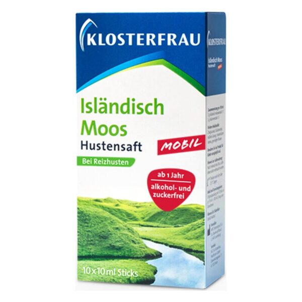 Verpackung von Inseln. Moos Hustensaft in einer Kartonverpackung mit grünen und blauen Akzenten, alkoholfrei und zuckerfrei.