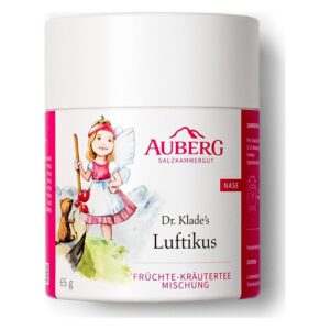Runde Dose mit fruchtiger Kräutermischung, illustrativer Mädchenfigur mit Flügeln und Besen.