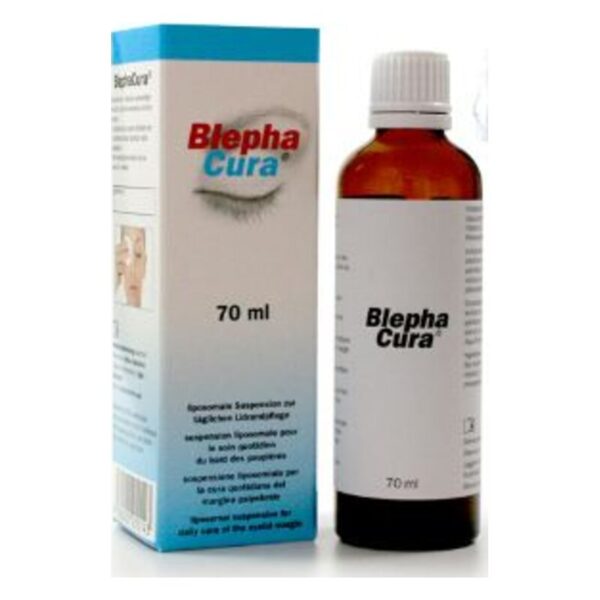 Flasche mit BlephaCura, enthaltene liposomale Suspension zur Pflege der Augenlider, 70 ml, verpackt in einer kartonierten Box.