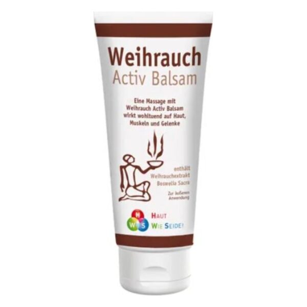 Tube mit Weihrauch Activ Balsam, der zur Massage auf Haut, Muskeln und Gelenken angewendet wird.