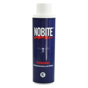 Sprühdose mit NOBITE Verdünner für Moskitonetze und Kleidung, in blauer Verpackung mit einem Mückensymbol.