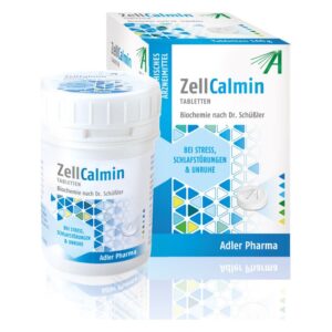 Weißes Tablettenglas mit blauer Beschriftung "ZellCalmin" und einer Verpackung mit geometrischem Muster.