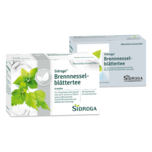 Zwei Verpackungen von Sidroga Brennnesselblättertee, jeweils mit 20 Filterbeuteln und Aromaschutz.