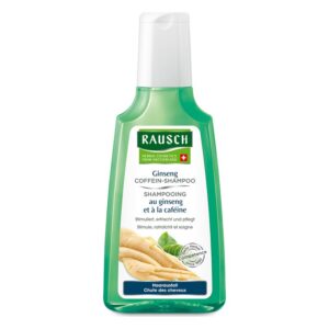 Flasche mit Ginseng Coffein-Shampoo von Rausch, grüne Verpackung, betont die Haarpflege-Formel.