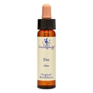 Braune Glasflasche mit einem schwarzen Deckel und einer Pipette, beschriftet mit "Elm Ulme Original Bachblüten".