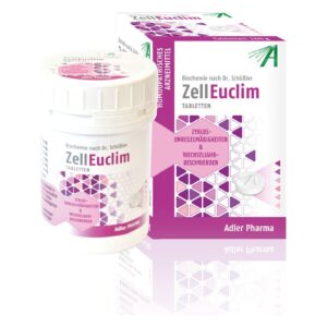 Behälter mit ZellEuclim-Tabletten für Frauen, behandelt Zyklusunregelmäßigkeiten und Wechseljahresbeschwerden, umgeben von der Produktverpackung.