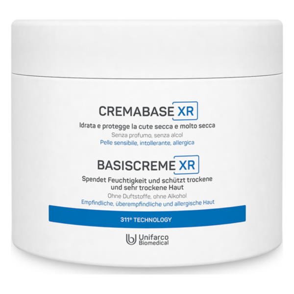 Weißer Cremetiegel mit Beschriftungen zu Inhaltsstoffen und Eigenschaften der Creme für trockene Haut.