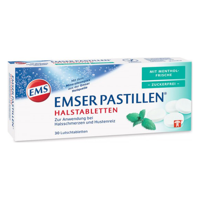 Verpackung von EMSER Pastillen Halstabletten zur Linderung von Halsschmerzen und Hustenreiz, mit Menthol-Frische.