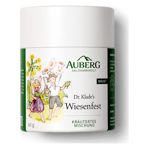 Runde, weiße Teedose mit bunten Illustrationen von Kindern und Blumen, Inhalt: Wiesenfest Kräutermischung.