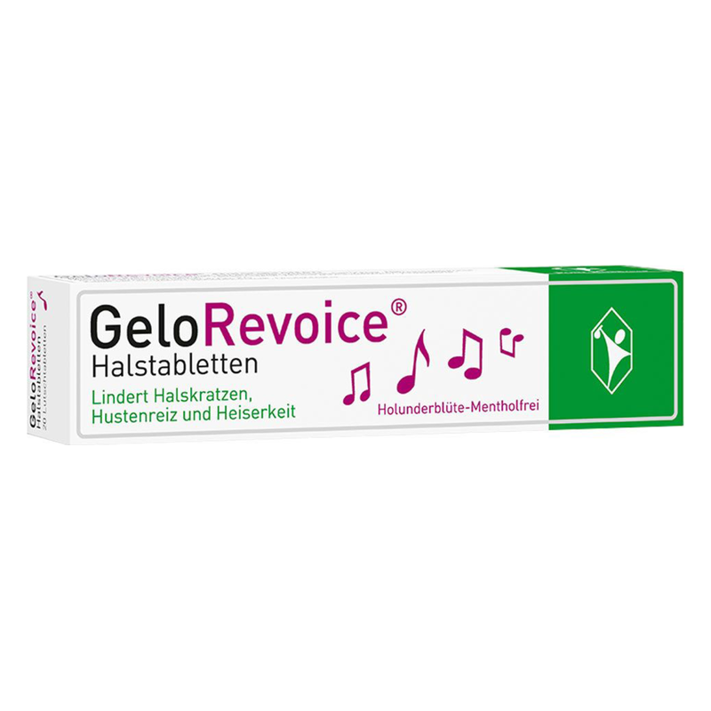 Packung GeloRevoice Halstabletten, die Halskratzen, Hustenreiz und Heiserkeit lindern, mit Hinweis auf Holunderblüte, mentholfrei.
