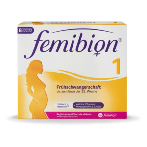 Packung von femibion 1, einem Nahrungsergänzungsmittel für die frühe Schwangerschaft mit Vitaminen und Mineralstoffen.