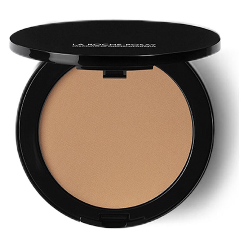 Runder, schwarzer Puder-Compact mit leicht beige gefärbtem Puderinneren und offenem Deckel.