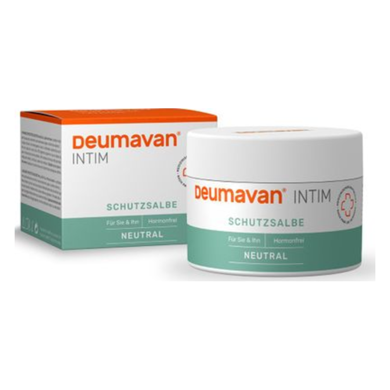 Deumavan Intim Schutzsalbe in einem weißen Tiegel mit grünem Etikett und passender Verpackung, neutral formuliert.