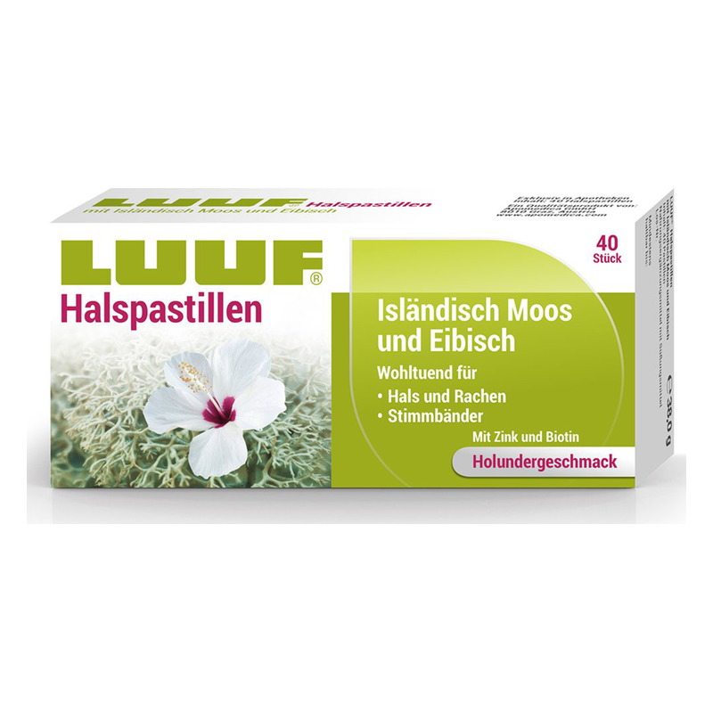 Verpackung von LUUF Halspastillen mit Abbildung einer Blume, erhältlich mit Holundergeschmack und Zink.