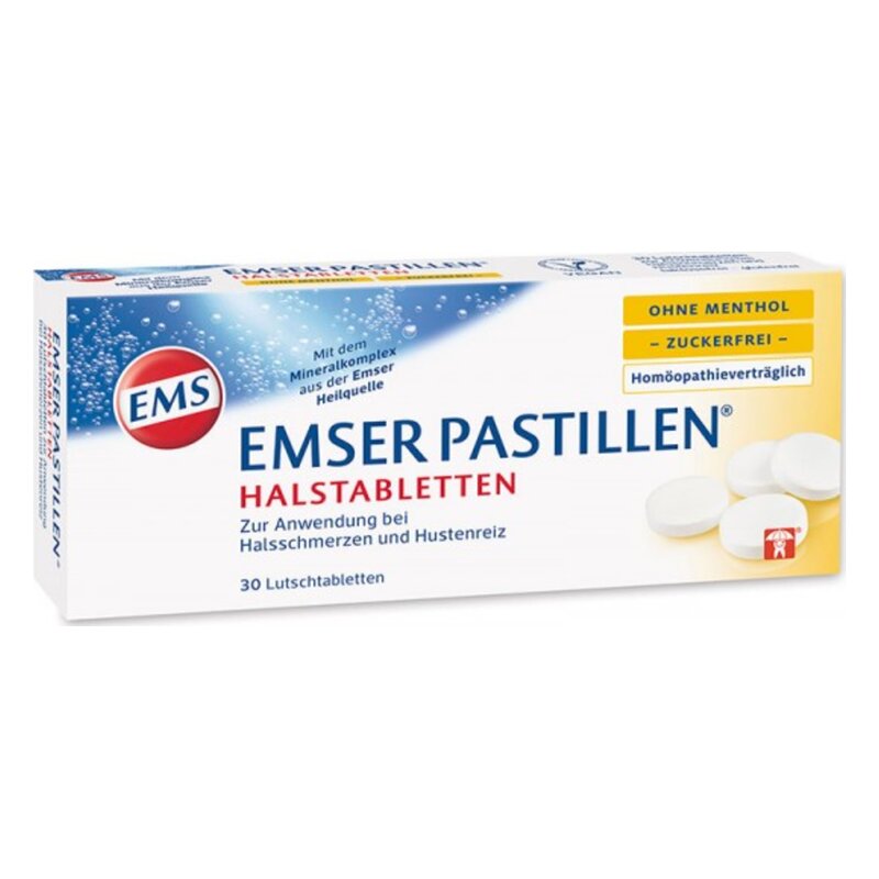 Packung mit Emser Pastillen Halstabletten zur Linderung von Halsschmerzen und Hustenreiz, ohne Menthol und zuckerfrei.