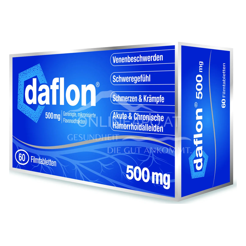 Verpackung von Daflon 500 mg, mit Hinweisen zu Anwendungsgebieten wie Venenbeschwerden und Hämorrhoiden.