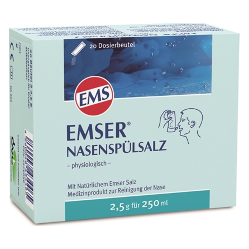 Verpackung von EMSer Nasenspülsalz mit 20 Dosierbeuteln zur nasal hygienischen Anwendung.