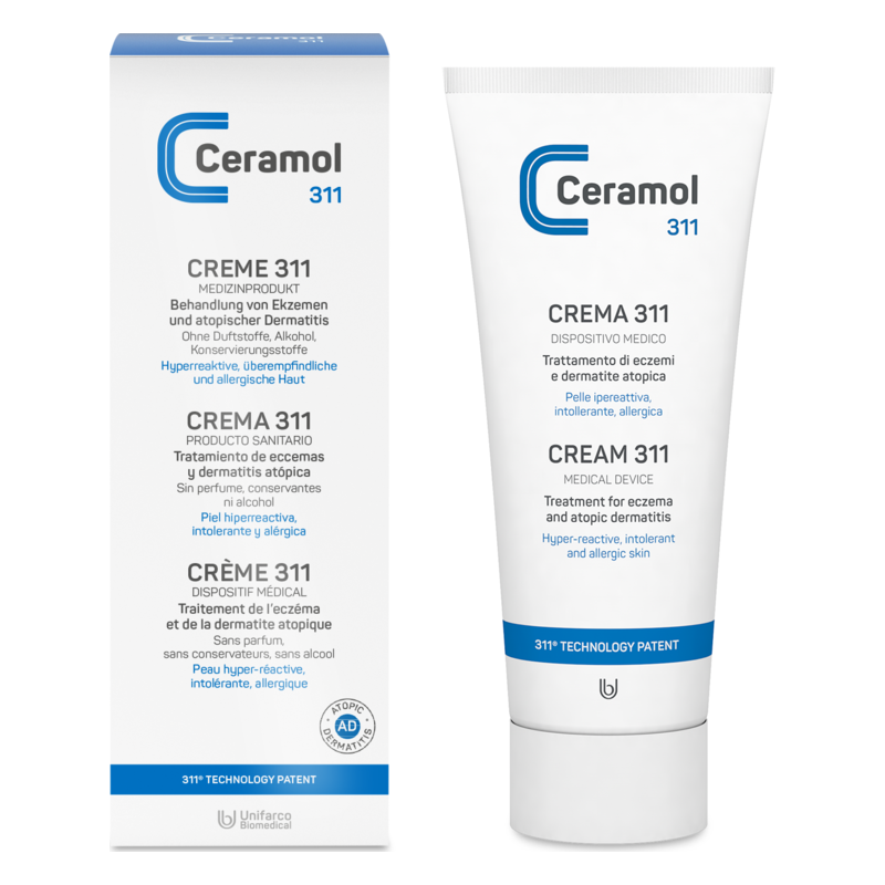 Tube und Verpackung der Ceramol 311 Creme für die Behandlung von Ekzemen und atopischer Dermatitis.