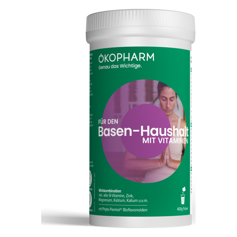 Rundes, grünes Pulvercontainer für Basenhaushalt mit Vitaminen, beschriftet mit Inhaltsstoffen und Dosierungshinweisen.