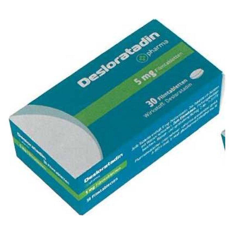 Paket von Desloratadin, enthält 30 Filmtabletten zu je 5 mg, in blauer und grüner Verpackung.