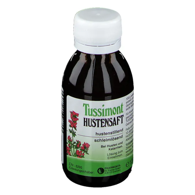 Braun-weiße Flasche mit Tussimont Hustensaft, etikettiert mit Wirkung gegen Husten und Schleim.