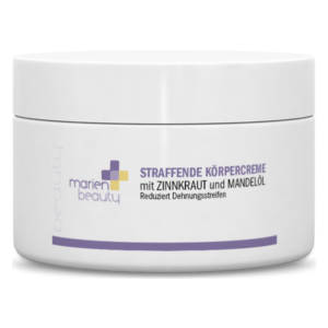 Weißer Behälter mit Schraubverschluss für straffende Körpercreme, betont Zinnkraut und Mandelöl zur Reduzierung von Dehnungsstreifen.