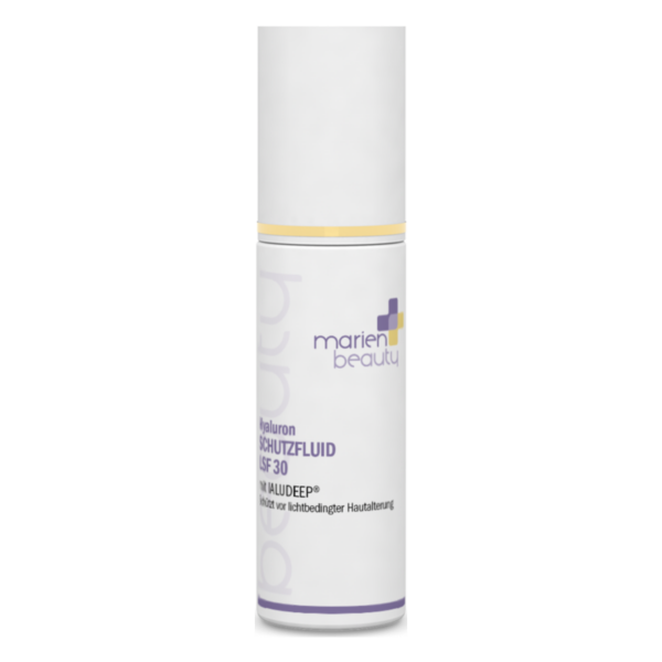 Flasche mit Hyaluron Schutzfluid von Marien Beauty, mit Lichtschutzfaktor 30, in elegantem Design.