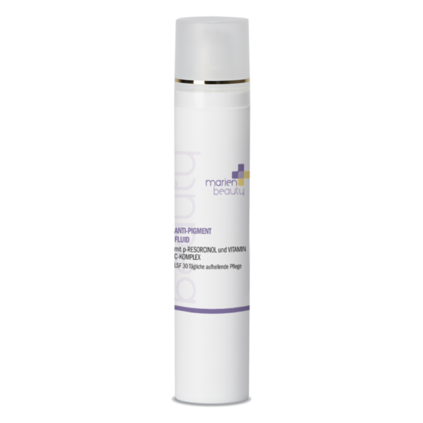 Flasche mit Anti-Pigment Fluid von Marien Beauty, mit LSF 30, P-Resorcinol und Vitamin C-Komplex.