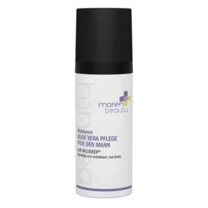 Flasche mit Hyaluron Aloe Vera Pflege für den Mann, Gel-Textur, beruhigend und revitalisierend, dezentes Design.