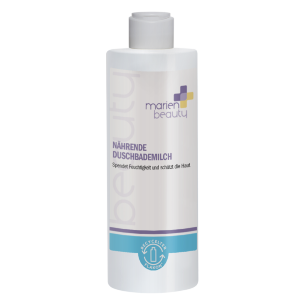 Flasche mit nährender Duschbademilch von marien beauty, verpackt in einem transparenten Flakon mit weißem Deckel.