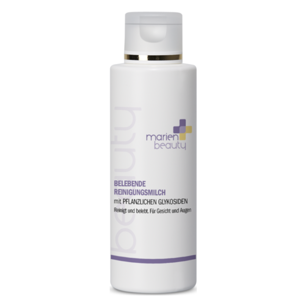 Flasche mit belebeneder Reinigungsmilch für Gesicht und Augen, enthält pflanzliche Glykoside.
