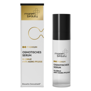 Eine Verpackung und Flasche mit einem osmotischen Serum für globale Anti-Aging Pflege, mit schwarzem Verschluss und goldenen Akzenten.