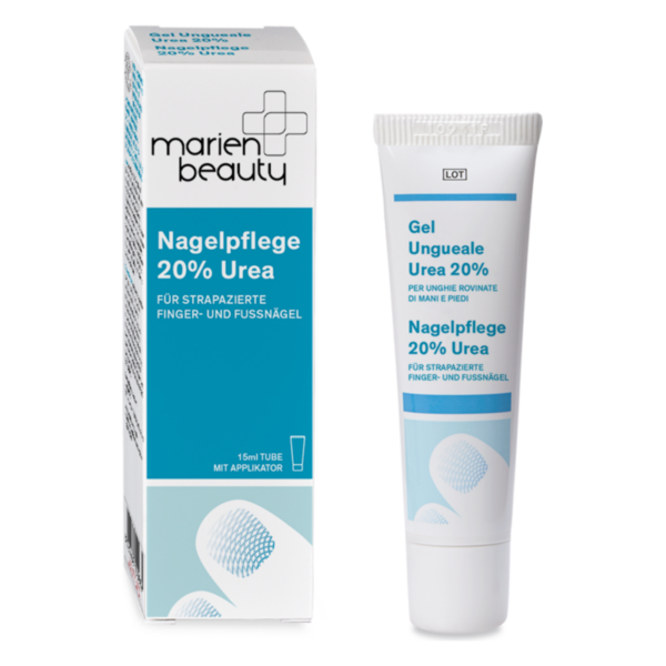 Nagelpflegegel mit 20% Urea zur Pflege strapazierter Finger- und Fußnägel in einer 15 ml Tube mit Applikator.