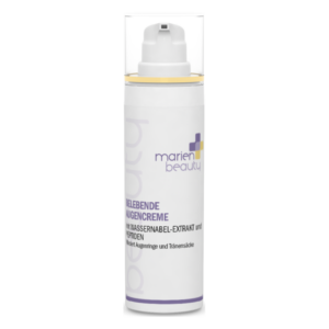 Weißer Pumpflakon mit gelbem Deckel, enthält revitalisierende Augencreme mit Wasser-nabel-Extrakt und Peptiden.