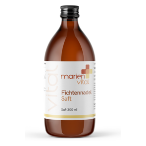 Braune Glasflasche mit schwarzem Schraubverschluss und Etikett für Fichtennadelsaft, 300 ml Inhalt.