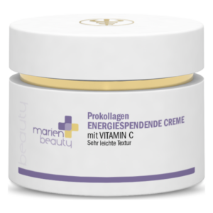 Eine weiße Cremedose mit goldfarbenem Deckel, beschriftet mit "Prokollagen Energiefördernde Creme mit Vitamin C".