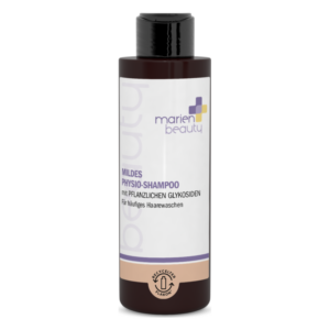 Schwarz-weiße Flasche mit milder Shampoo-Produktbeschreibung und recyclebarem Verschluss.