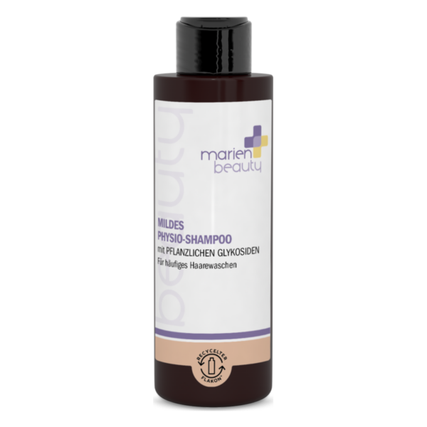 Schwarz-weiße Flasche mit milder Shampoo-Produktbeschreibung und recyclebarem Verschluss.