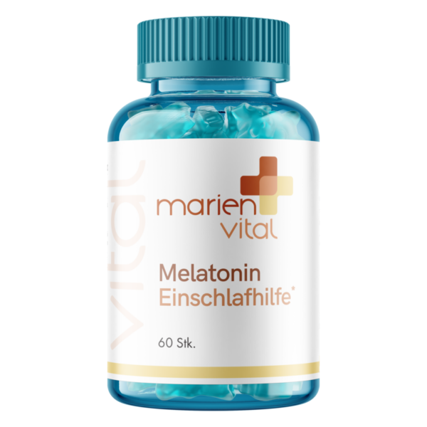 Blau-grüne Flasche mit Melatonin-Einschlafhilfe, Marke marien vital, 60 Kapseln sichtbar im Inneren.