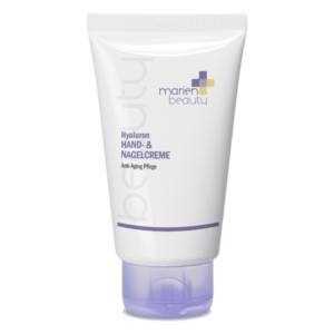 Tube mit Hyaluron-Hand- und Nagelcreme von marien beauty in weißem und lilafarbenem Design.
