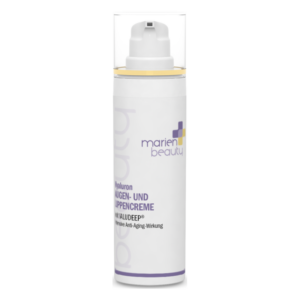 Hyaluron Augen- und Lippencreme in einer weißen, pumpbaren Flasche mit transparentem Deckel, von marien beauty.