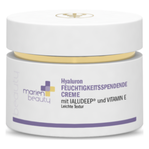 Hyaluron Feuchtigkeitscreme in einem weißen Tiegel mit goldenen Akzenten und lila Schriftzug.